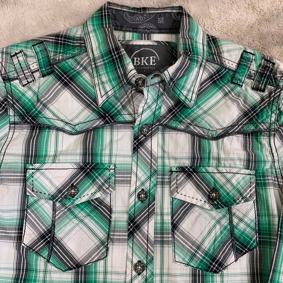 BKE Tailored Fit Mens Small Green Plaid Western Button Down Shirt Long Sleeve - Picture 3 of 10